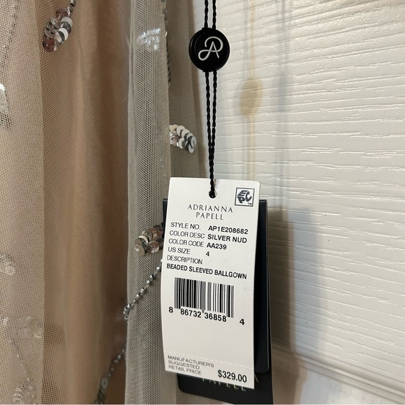 Adrianna Papell Beaded Sheer Long Sleeve V-back Ballgown in Silver/Nude - Picture 8 of 9